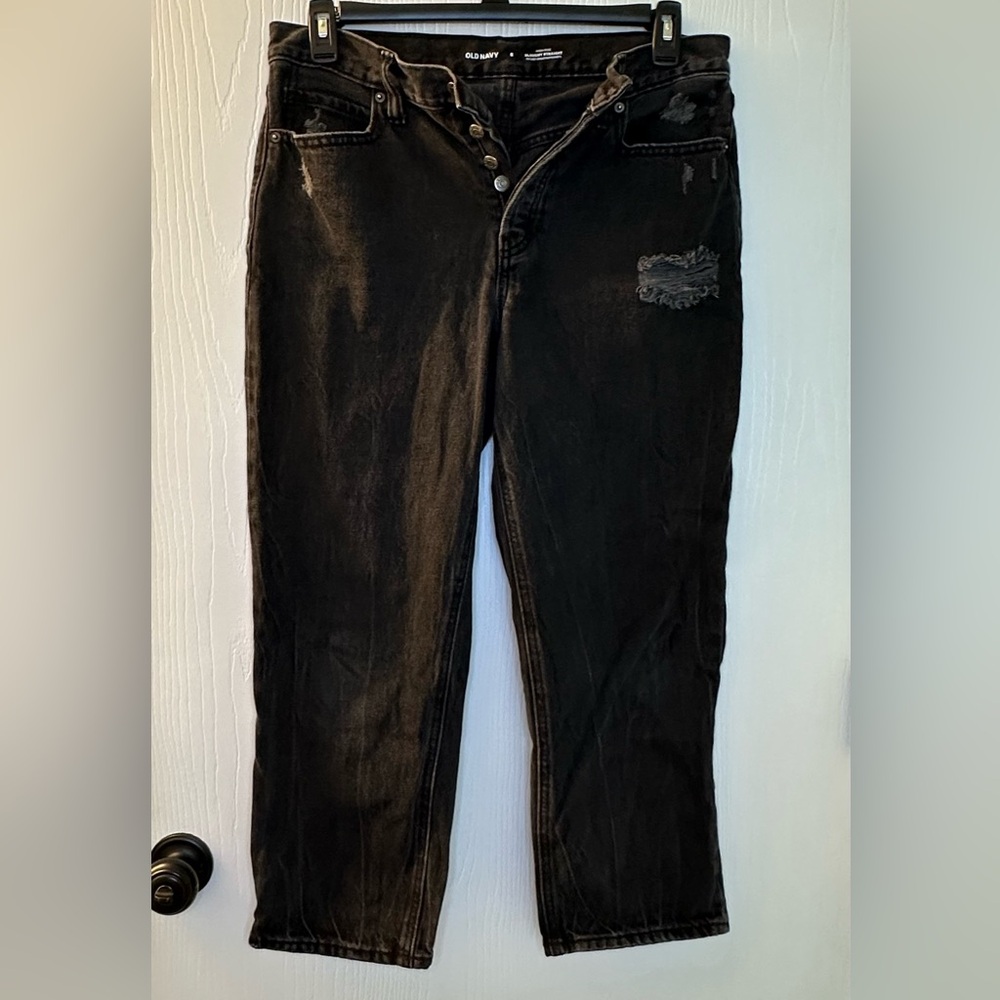 Old Navy high rise slouchy straight black distressed 5 button jeans women’s 8